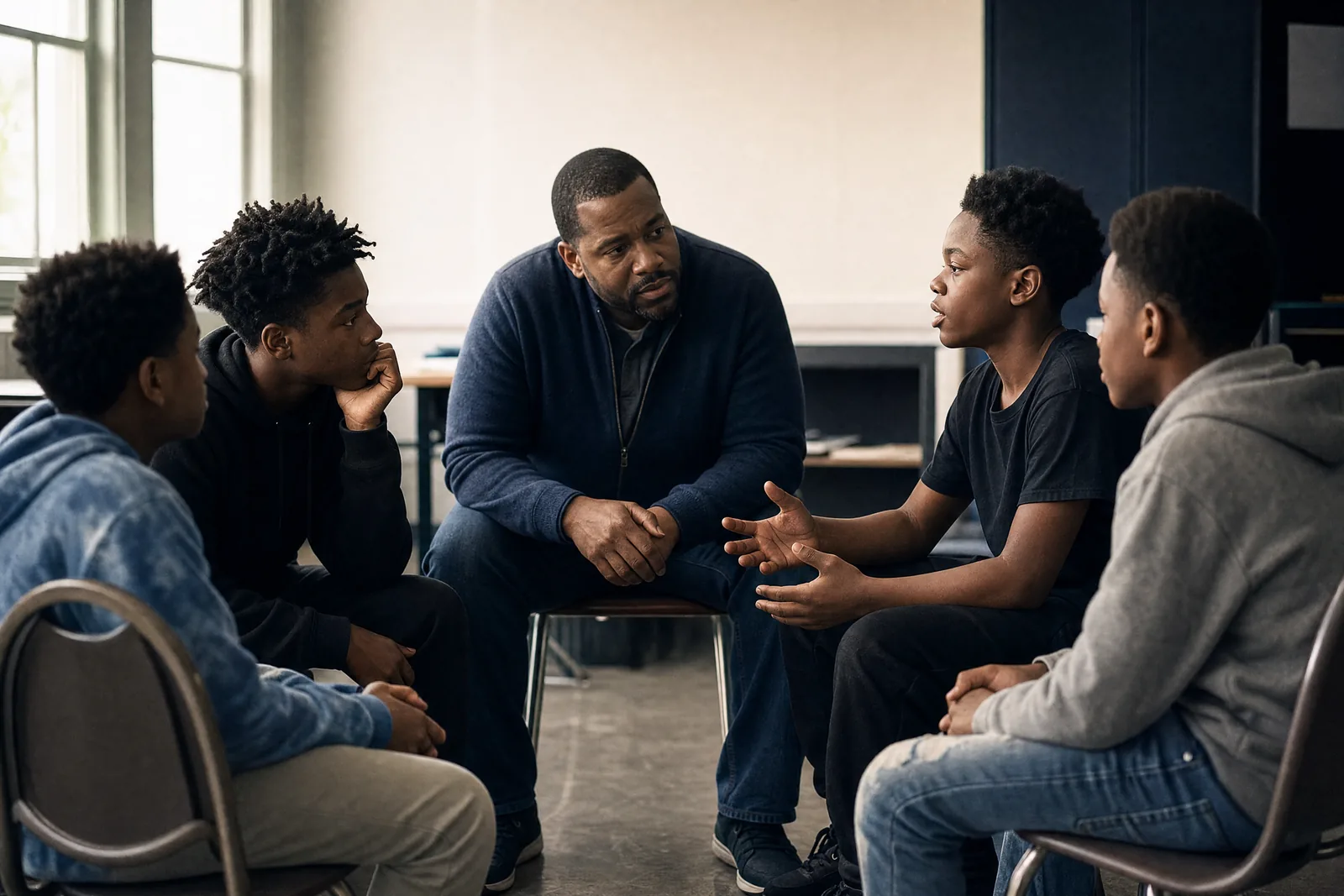 Teenage boys seated in a circle with a mentor, one speaking while the others listen