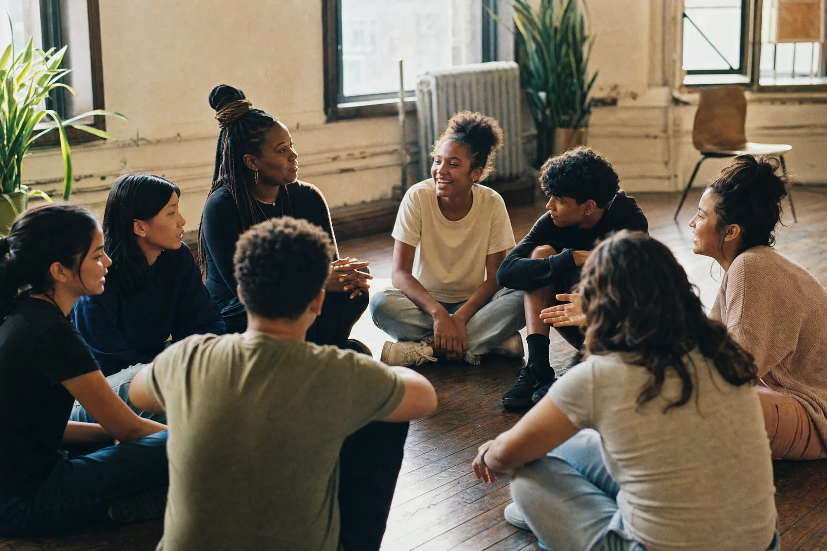 A circle of diverse teenagers seated on the floor mid-conversation with their facilitator