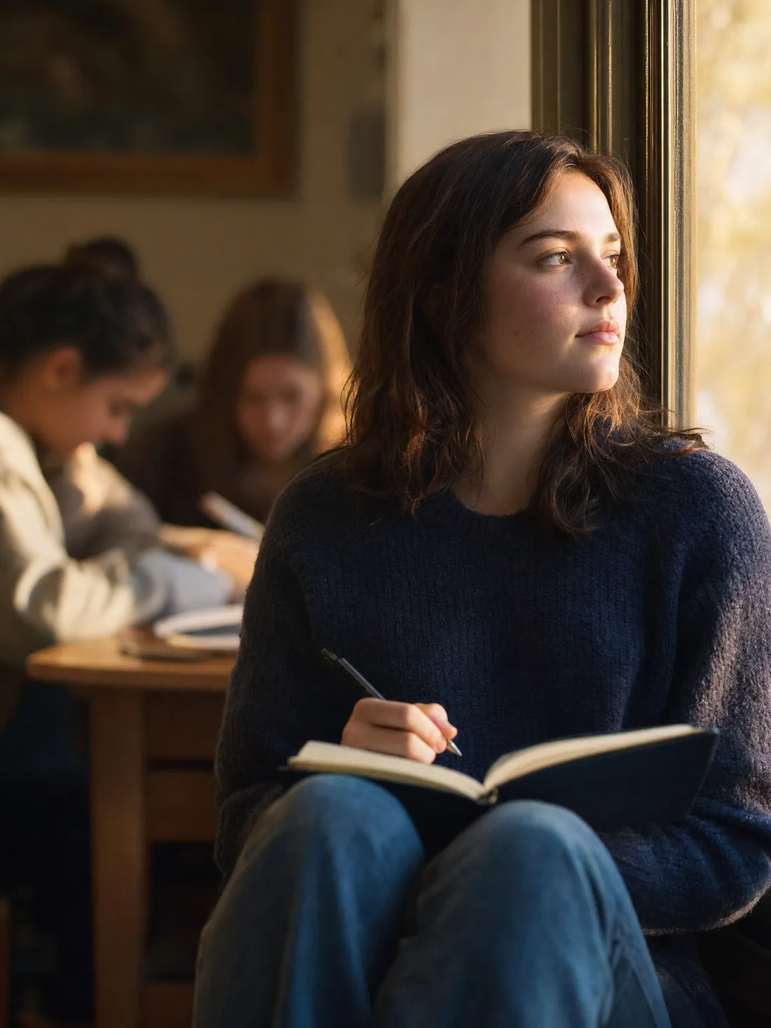 A teenage girl writing in a journal by a window, looking up
