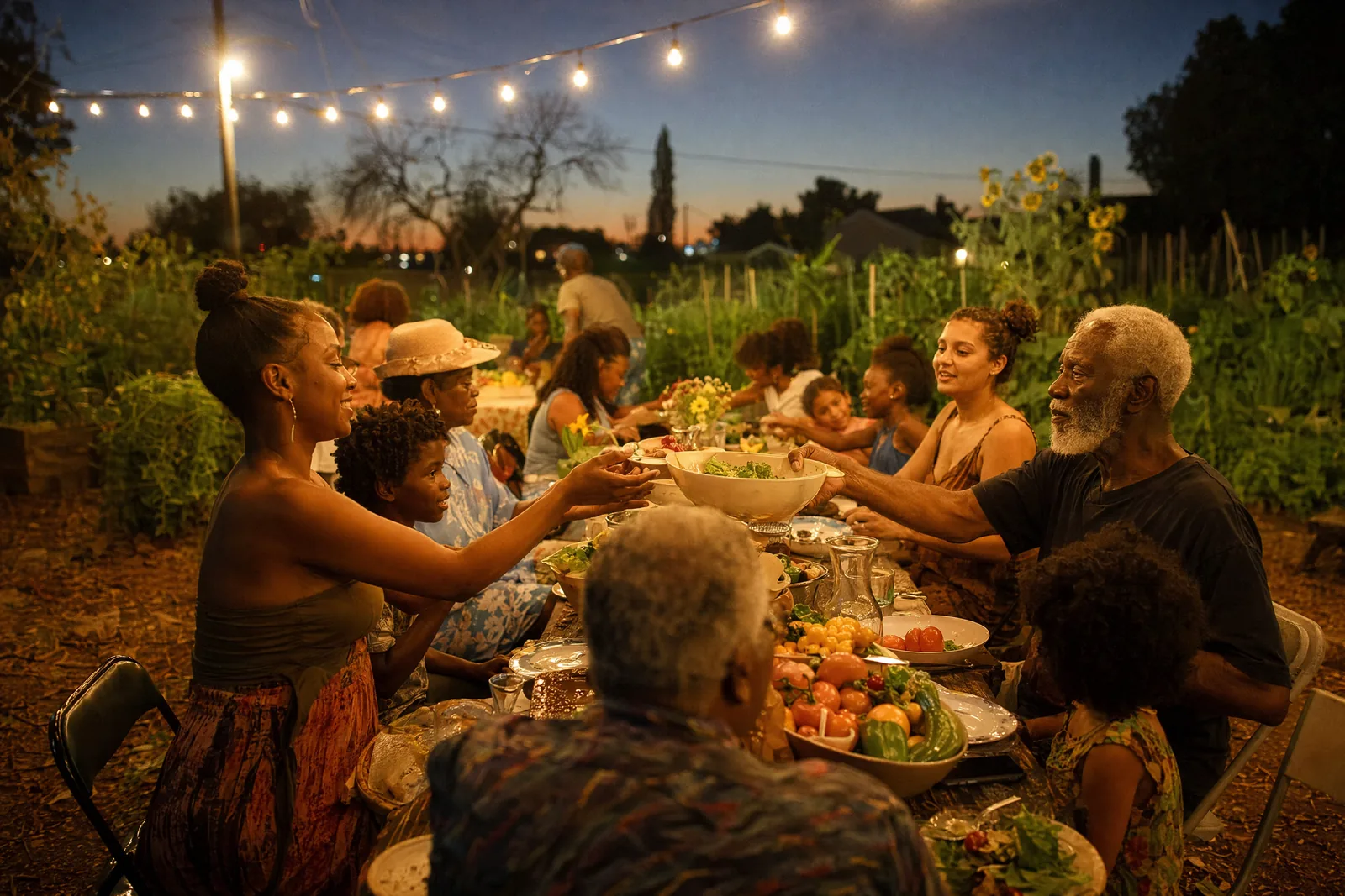 A multigenerational community meal at a long table beside a garden at dusk