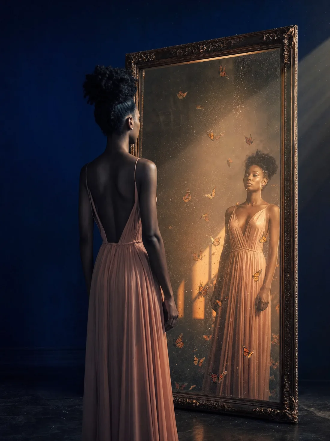 A young woman facing an antique mirror whose reflection glows with butterflies