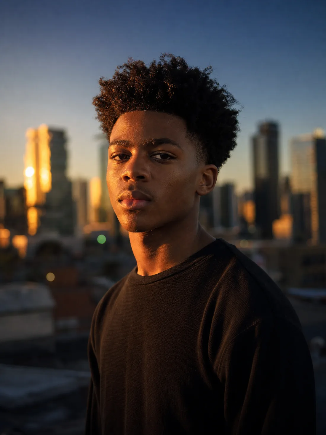 A young man on a rooftop at golden hour looking toward the camera