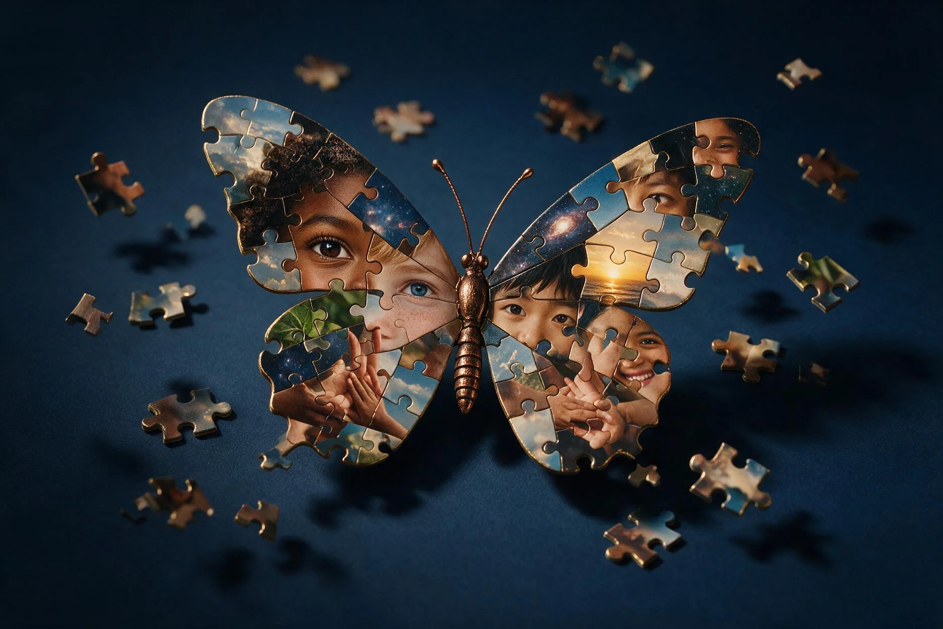 A butterfly assembled from photographic jigsaw pieces carrying the faces of young people of many backgrounds, several pieces still drifting into place